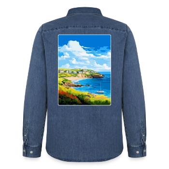 Coverack Cornwall England Uk Reiseposter WPA - Männer Jeanshemd Organic von Stanley/Stella - verwaschenes Mittelblau  - Hinten - AI Model Male 185 light (185cm)