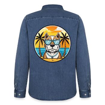 Bully Kutta Chien Race Dessin Animé Lunettes De Soleil Plage - Chemise en denim homme bio Stanley/Stella - bleu moyen délavé  - Dos - AI Model Male 185 light (185cm)
