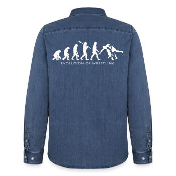 Wrestling - Men’s Organic Denim Shirt by Stanley/Stella - mid washy  - Back - AI Model Male 185 light (185cm)