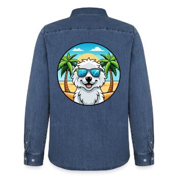 Kuvasz Ungarische Hunderasse Cartoon Sonnenbrille Strand - Männer Jeanshemd Organic von Stanley/Stella - verwaschenes Mittelblau  - Hinten - AI Model Male 185 light (185cm)