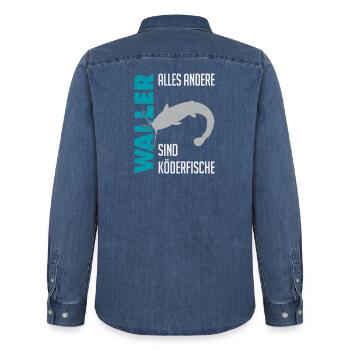 Wels fischen Kampf mit dem starken Wels - Männer Jeanshemd Organic von Stanley/Stella - verwaschenes Mittelblau  - Hinten - AI Model Male 185 light (185cm)