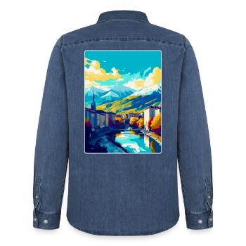 Grenoble France Affiche de voyage vintage Souvenir WPA - Chemise en denim homme bio Stanley/Stella - bleu moyen délavé  - Dos - AI Model Male 185 light (185cm)