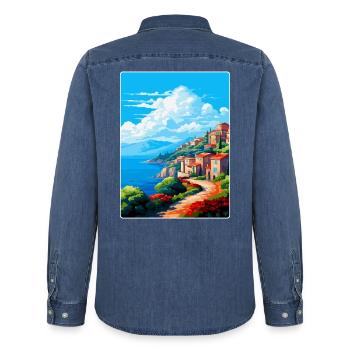 Elbe Italie Affiche de voyage vintage souvenir souvenir - Chemise en denim homme bio Stanley/Stella - bleu moyen délavé  - Dos - AI Model Male 185 light (185cm)