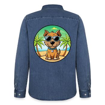 Teddy Roosevelt Terrier Race Chien Dessin Animé Plage - Chemise en denim homme bio Stanley/Stella - bleu moyen délavé  - Dos - AI Model Male 185 light (185cm)