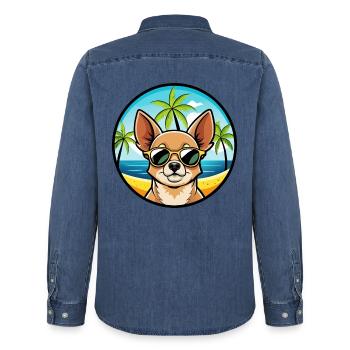 Chihuahua Dog Breed Cartoon Sunglasses Beach - Men’s Organic Denim Shirt by Stanley/Stella - mid washy  - Back - AI Model Male 185 light (185cm)