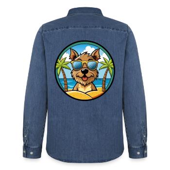 Border Terrier Hund Rasse Cartoon Sonnenbrille Strand - Männer Jeanshemd Organic von Stanley/Stella - verwaschenes Mittelblau  - Hinten - AI Model Male 185 light (185cm)