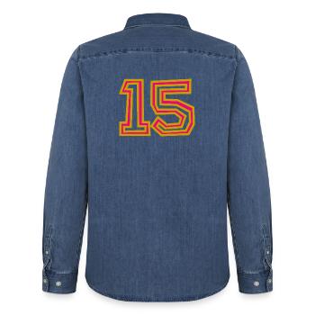 15. 15 JAHRE. 15-JÄHRIGES JUBILÄUM. 15-JÄHRIGES JUBILÄUM. - Männer Jeanshemd Organic von Stanley/Stella - verwaschenes Mittelblau  - Hinten - AI Model Male 185 light (185cm)