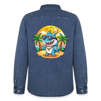 Hai Lustige Cartoon Sommer Strand Sonnenbrille - Männer Jeanshemd Organic von Stanley/Stella - verwaschenes Mittelblau  - Hinten - AI Model Male 185 light (185cm)