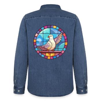 Taube Buntglas bunte Karikatur Kawaii Tier - Männer Jeanshemd Organic von Stanley/Stella - verwaschenes Mittelblau  - Hinten - AI Model Male 185 light (185cm)