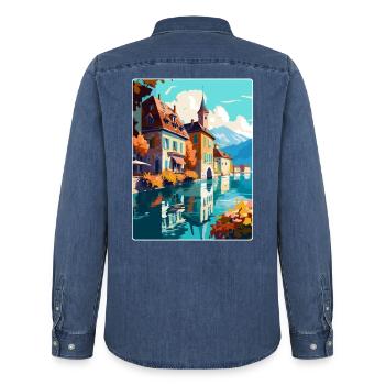 Annecy Frankreich Vintage Reiseposter WPA Souvenir - Männer Jeanshemd Organic von Stanley/Stella - verwaschenes Mittelblau  - Hinten - AI Model Male 185 light (185cm)