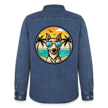 Lurcher Hund Rasse Cartoon Sonnenbrille Strand - Männer Jeanshemd Organic von Stanley/Stella - verwaschenes Mittelblau  - Hinten - AI Model Male 185 light (185cm)