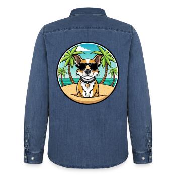 Braque Auvergne Chien Race Dessin Animé Lunettes de Soleil Plage - Chemise en denim homme bio Stanley/Stella - bleu moyen délavé  - Dos - AI Model Male 185 light (185cm)