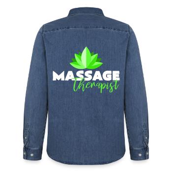 massage - Men’s Organic Denim Shirt by Stanley/Stella - mid washy  - Back - AI Model Male 185 light (185cm)