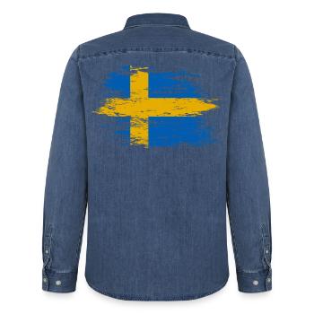 Drapeau de la Suède utilisé - Chemise en denim homme bio Stanley/Stella - bleu moyen délavé  - Dos - AI Model Male 185 light (185cm)