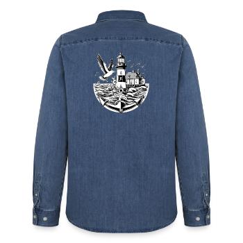 Paysage côtier Moin Moin - Chemise en denim homme bio Stanley/Stella - bleu moyen délavé  - Dos - AI Model Male 185 light (185cm)