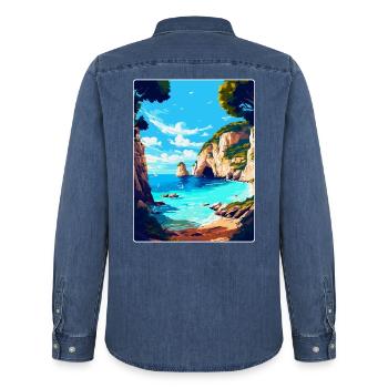Zakynthos Grèce Affiche de voyage vintage souvenir - Chemise en denim homme bio Stanley/Stella - bleu moyen délavé  - Dos - AI Model Male 185 light (185cm)
