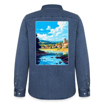 Dordogne France Affiche de voyage vintage Souvenir WPA - Chemise en denim homme bio Stanley/Stella - bleu moyen délavé  - Dos - AI Model Male 185 light (185cm)