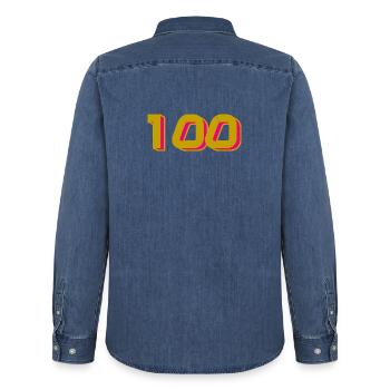 100. 100 YEARS. 100th ANNIVERSARY. 100 BIRTHDAY - Men’s Organic Denim Shirt by Stanley/Stella - mid washy  - Back - AI Model Male 185 light (185cm)