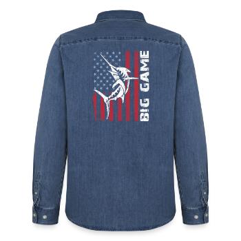 Jumping Marlin with US flag Deep Sea Fishing - Men’s Organic Denim Shirt by Stanley/Stella - mid washy  - Back - AI Model Male 185 light (185cm)