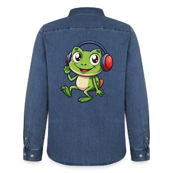Frog Funny Cartoon Character Headphone Music - Men’s Organic Denim Shirt by Stanley/Stella - mid washy  - Back - AI Model Male 185 light (185cm)