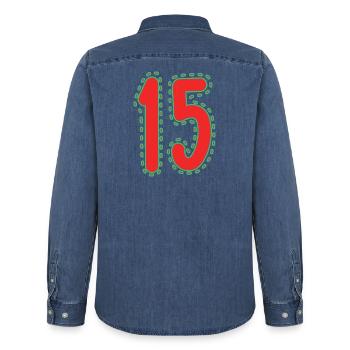 15. 15 ANS. 15e ANNIVERSAIRE. ANNIVERSAIRE 15 ANS. - Chemise en denim homme bio Stanley/Stella - bleu moyen délavé  - Dos - AI Model Male 185 light (185cm)