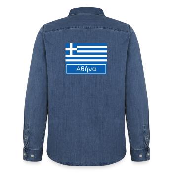 Athènes Écrit en grec - Chemise en denim homme bio Stanley/Stella - bleu moyen délavé  - Dos - AI Model Male 185 light (185cm)