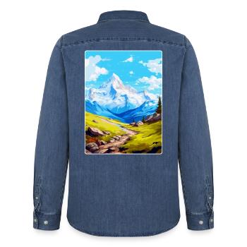 Gran Paradiso Italy Vintage Travel Poster Souvenir - Men’s Organic Denim Shirt by Stanley/Stella - mid washy  - Back - AI Model Male 185 light (185cm)