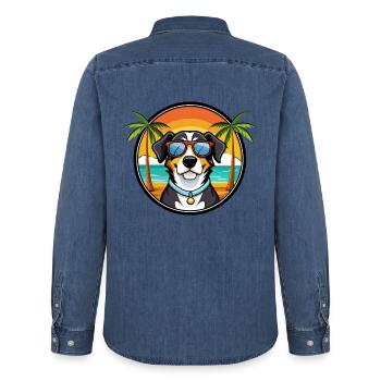 Entlebucher Sennenhund Rasse Cartoon Sonnenbrille - Männer Jeanshemd Organic von Stanley/Stella - verwaschenes Mittelblau  - Hinten - AI Model Male 185 light (185cm)