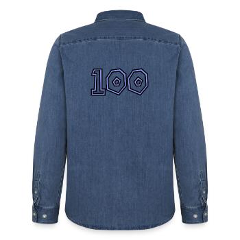 100. 100 YEARS. 100th ANNIVERSARY. 100 BIRTHDAY - Men’s Organic Denim Shirt by Stanley/Stella - mid washy  - Back - AI Model Male 185 light (185cm)