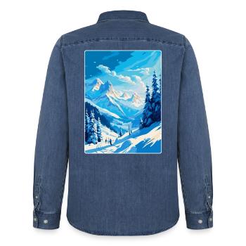 St Anton Am Arlberg Autriche Affiche de voyage vintage - Chemise en denim homme bio Stanley/Stella - bleu moyen délavé  - Dos - AI Model Male 185 light (185cm)