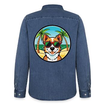 Portugiesisch Podengo Pequeno Hunderasse Cartoon Strand - Männer Jeanshemd Organic von Stanley/Stella - verwaschenes Mittelblau  - Hinten - AI Model Male 185 light (185cm)