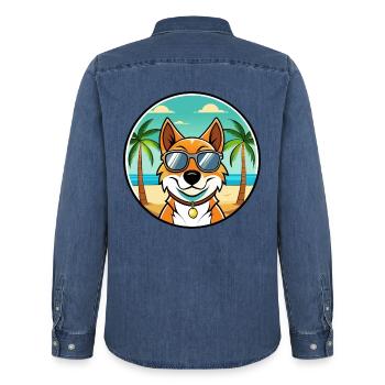 Russischer Harlekin Hund Rasse Cartoon Strand - Männer Jeanshemd Organic von Stanley/Stella - verwaschenes Mittelblau  - Hinten - AI Model Male 185 light (185cm)