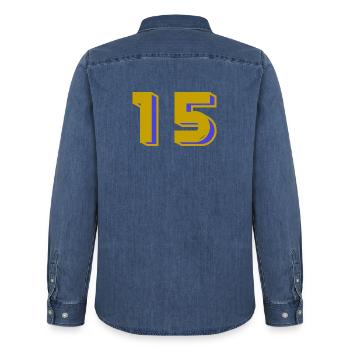 15. 15 ANS. 15e ANNIVERSAIRE. ANNIVERSAIRE 15 ANS. - Chemise en denim homme bio Stanley/Stella - bleu moyen délavé  - Dos - AI Model Male 185 light (185cm)