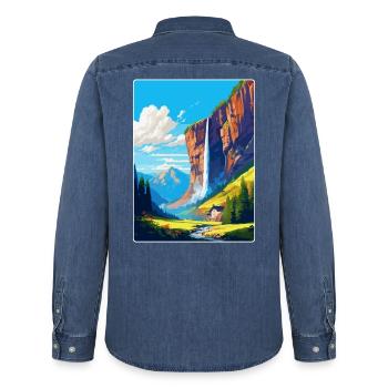Staubbachfälle Schweiz Vintage Reiseplakat - Männer Jeanshemd Organic von Stanley/Stella - verwaschenes Mittelblau  - Hinten - AI Model Male 185 light (185cm)