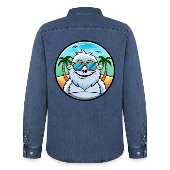 Yeti Funny Cartoon Summer Beach Sunglasses Sticker - Men’s Organic Denim Shirt by Stanley/Stella - mid washy  - Back - AI Model Male 185 light (185cm)