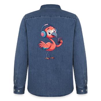 Flamingo Lustige Zeichentrickfigur Kopfhörer Musik - Männer Jeanshemd Organic von Stanley/Stella - verwaschenes Mittelblau  - Hinten - AI Model Male 185 light (185cm)