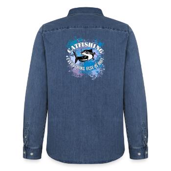 Wels Waller fish catfish on blobs of colour - Men’s Organic Denim Shirt by Stanley/Stella - mid washy  - Back - AI Model Male 185 light (185cm)