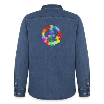 Hippi Blumenkranz Frieden und Liebe - Männer Jeanshemd Organic von Stanley/Stella - verwaschenes Mittelblau  - Hinten - AI Model Male 185 light (185cm)