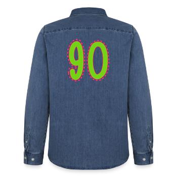 90. 90 YEARS. 90th ANNIVERSARY. 90 YEARS ANNIVERSARY. - Men’s Organic Denim Shirt by Stanley/Stella - mid washy  - Back - AI Model Male 185 light (185cm)