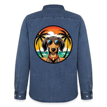 Teckel de Westphalie Race De Chien Dessin Animé Plage - Chemise en denim homme bio Stanley/Stella - bleu moyen délavé  - Dos - AI Model Male 185 light (185cm)