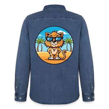 Liger Hybride Lion Tigre Chat Race Dessin Animé Plage - Chemise en denim homme bio Stanley/Stella - bleu moyen délavé  - Dos - AI Model Male 185 light (185cm)