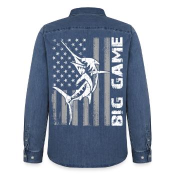 Jumping Marlin with US flag Deep Sea Fishing - Men’s Organic Denim Shirt by Stanley/Stella - mid washy  - Back - AI Model Male 185 light (185cm)