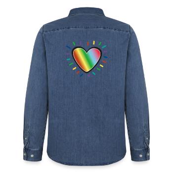 Rainbow Heart Pride Emblem - Men’s Organic Denim Shirt by Stanley/Stella - mid washy  - Back - AI Model Male 185 light (185cm)