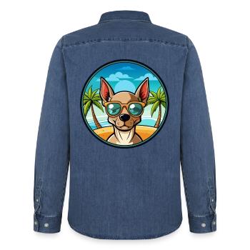 Mexikanische haarlose Hunderasse Cartoon Sonnenbrille Strand - Männer Jeanshemd Organic von Stanley/Stella - verwaschenes Mittelblau  - Hinten - AI Model Male 185 light (185cm)