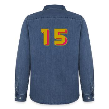 15. 15 ANS. 15e ANNIVERSAIRE. ANNIVERSAIRE 15 ANS. - Chemise en denim homme bio Stanley/Stella - bleu moyen délavé  - Dos - AI Model Male 185 light (185cm)