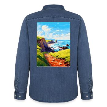 Hartland Quay Devon Vintage Travel Poster Souvenir - Men’s Organic Denim Shirt by Stanley/Stella - mid washy  - Back - AI Model Male 185 light (185cm)