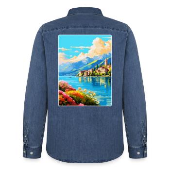 Lac de Côme Italie Affiche de voyage vintage Souvenir WPA - Chemise en denim homme bio Stanley/Stella - bleu moyen délavé  - Dos - AI Model Male 185 light (185cm)