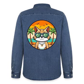 Europäische Kurzhaarkatze Rasse Cartoon Sonnenbrille - Männer Jeanshemd Organic von Stanley/Stella - verwaschenes Mittelblau  - Hinten - AI Model Male 185 light (185cm)
