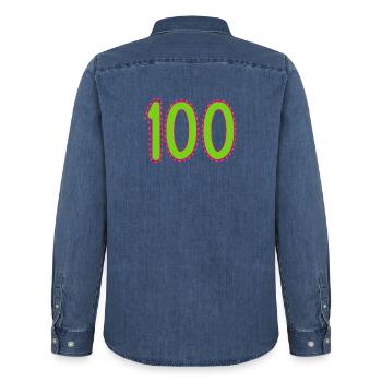100. 100 YEARS. 100th ANNIVERSARY. BIRTHDAY 100 - Men’s Organic Denim Shirt by Stanley/Stella - mid washy  - Back - AI Model Male 185 light (185cm)