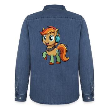 Pony Lustige Zeichentrickfigur Kopfhörer Musik - Männer Jeanshemd Organic von Stanley/Stella - verwaschenes Mittelblau  - Hinten - AI Model Male 185 light (185cm)